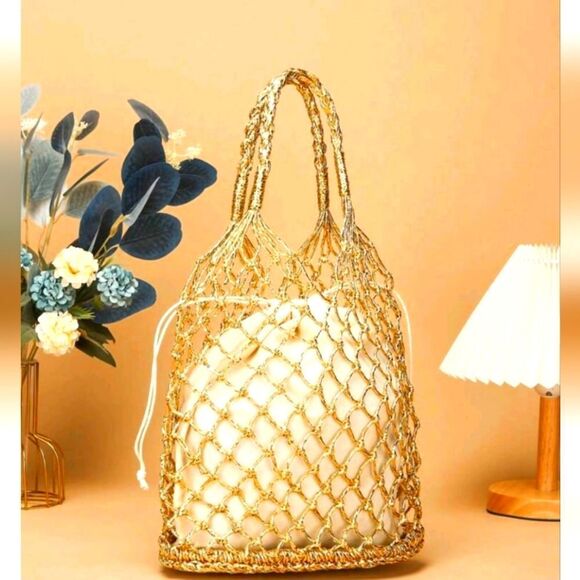 Elegant Gold Woven Tote Bag